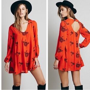 Free People Red Embroidered Tunic Boho Oversized Small